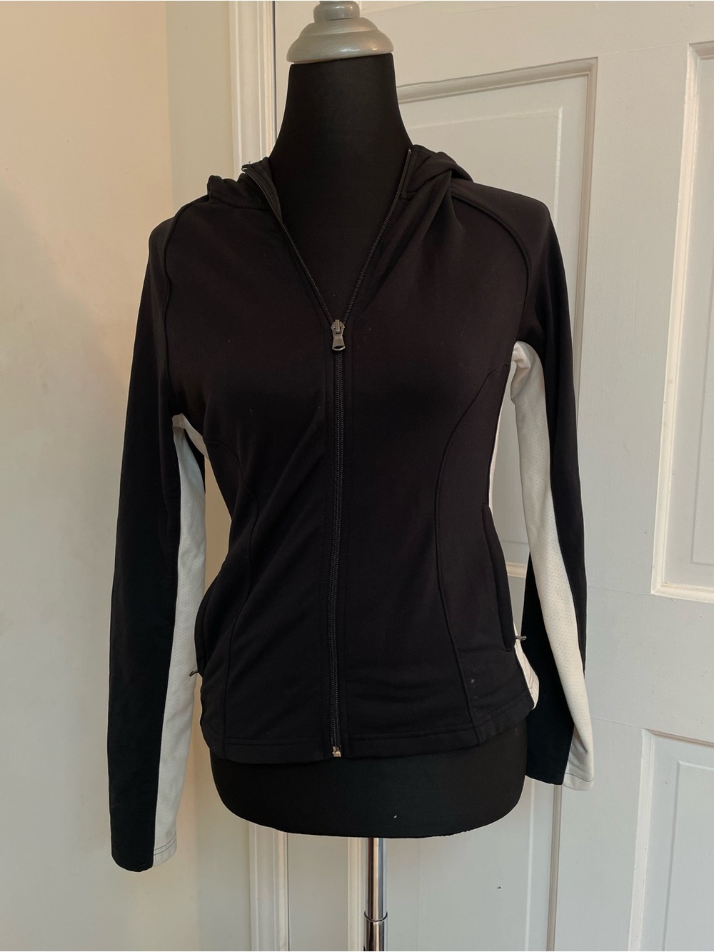 Express Black Hooded Zip-Up Jacket with White Side Panels- defects are pictured